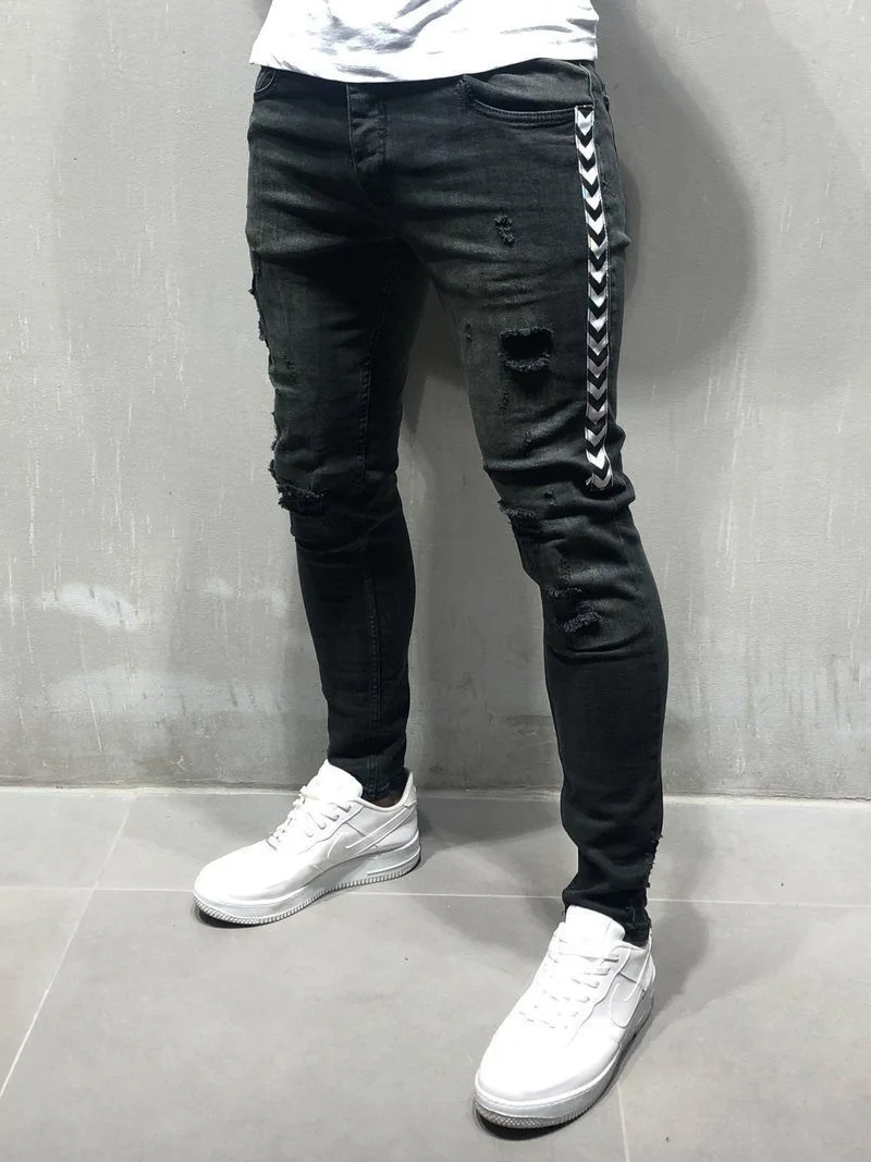 Men Skinny jeans New Fashion Side Stripe Destroyed raw Denim Pencil casual pants | Мужская одежда