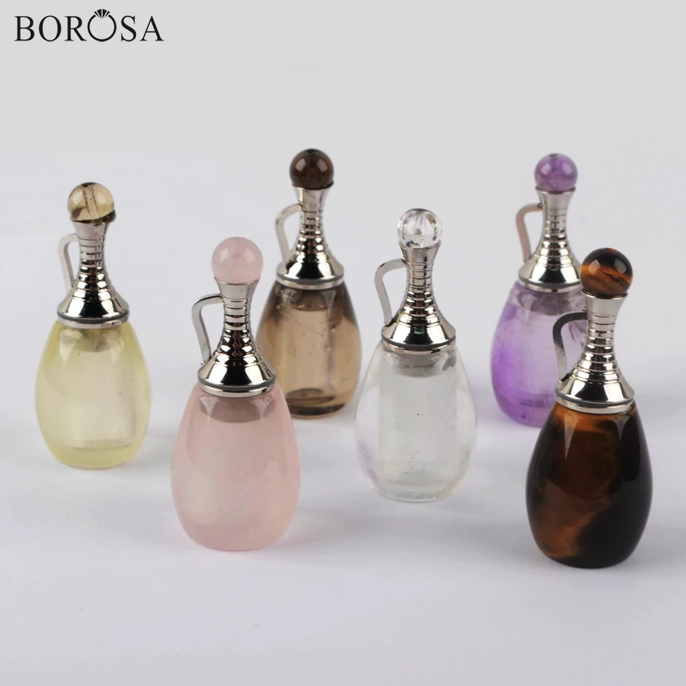 

3Pcs Silver Color Natural Gems Stone Perfume Bottle Pendant Diffuser Amethysts Quartz Essential Oils Bottle Jewelry WX1222