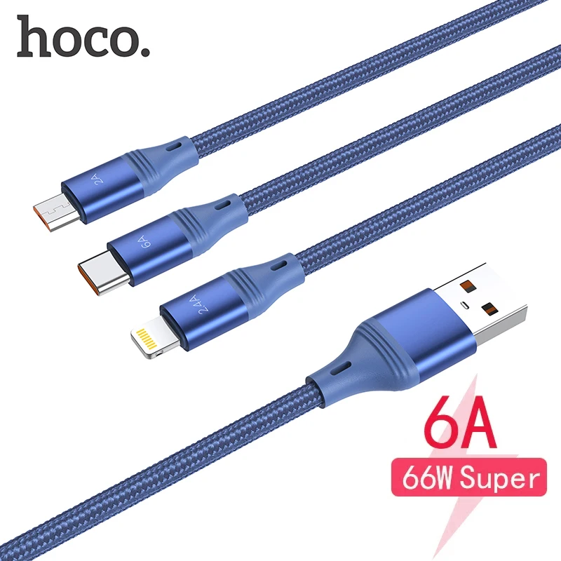 Фото HOCO 3 в 1 USB-кабель 6A 66 Вт QC/FCP/AFC для Huawei Mate 40 P50 Pro Micro USB Type C кабель быстрой зарядки iPhone