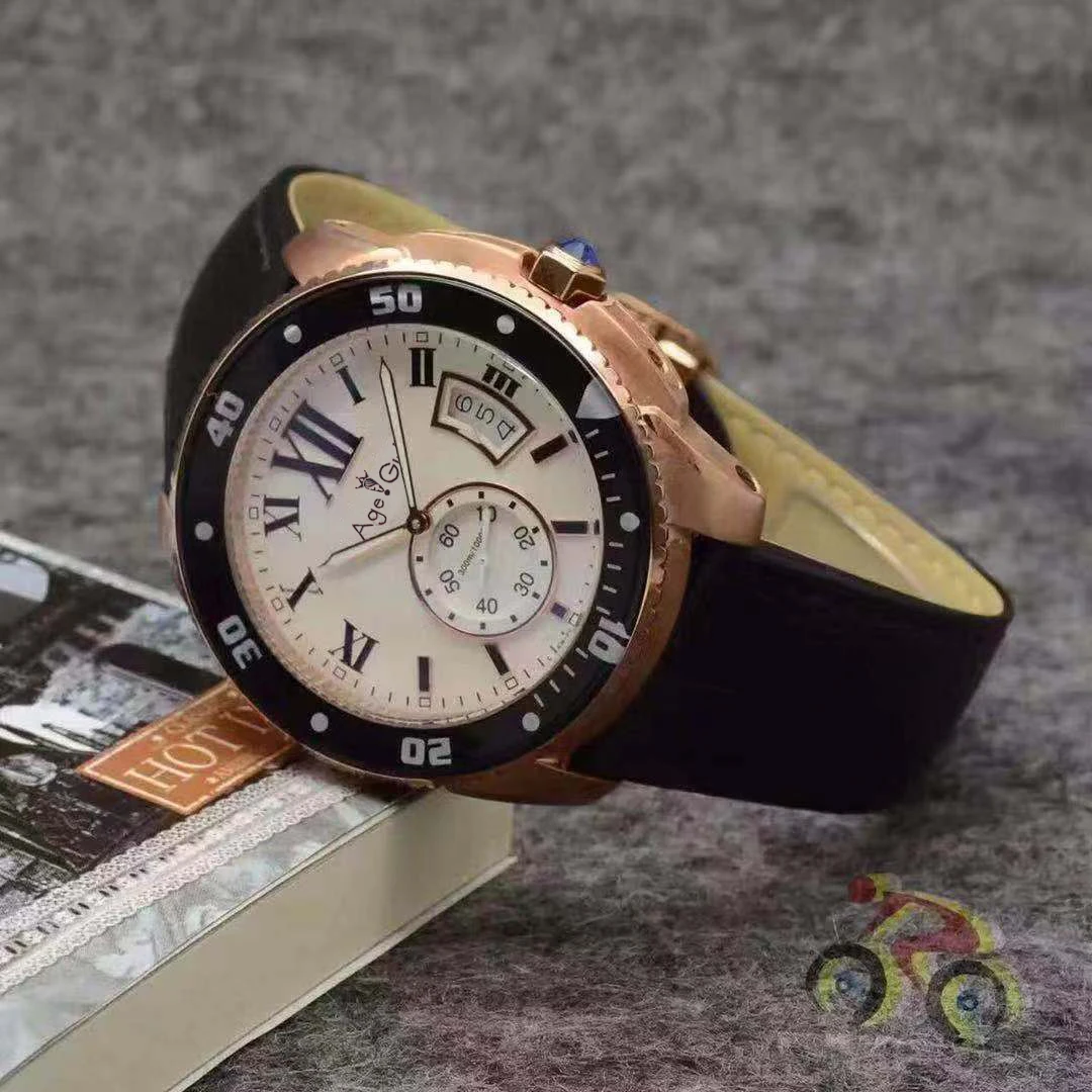 

Classic New Men Watch Chronograph Stopwatch Stainless Steel Sapphire Ceramic Sport Rose Gold Black Leather Calendar Limited