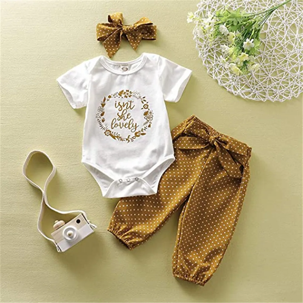 

3Pcs Baby Girl Clothes Set Summer Newborn Toddler Girls Outfit Cute Ruffle Letter Romper+Dot Print Pants+Headband New Born