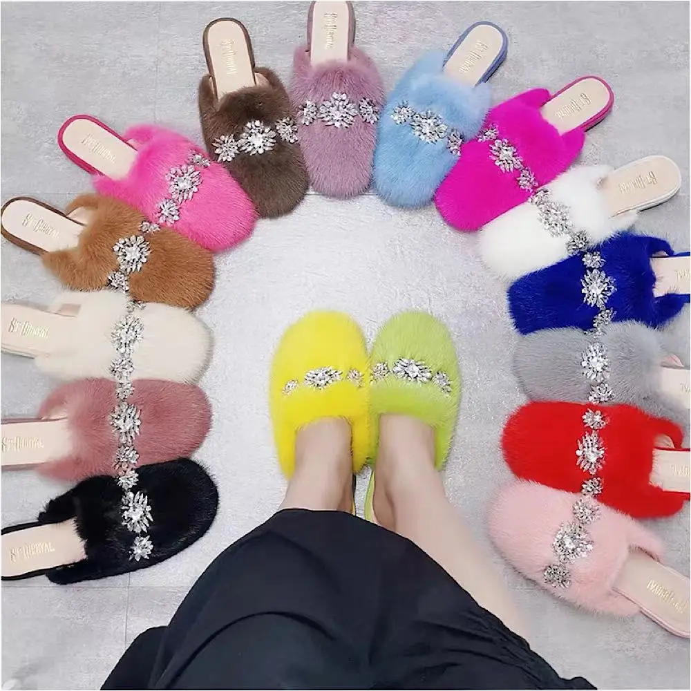 

Multiple colors European station, fashionable 2021 autumn new round-toe mink fur flat shoes net red toe hair fur shoes female fu