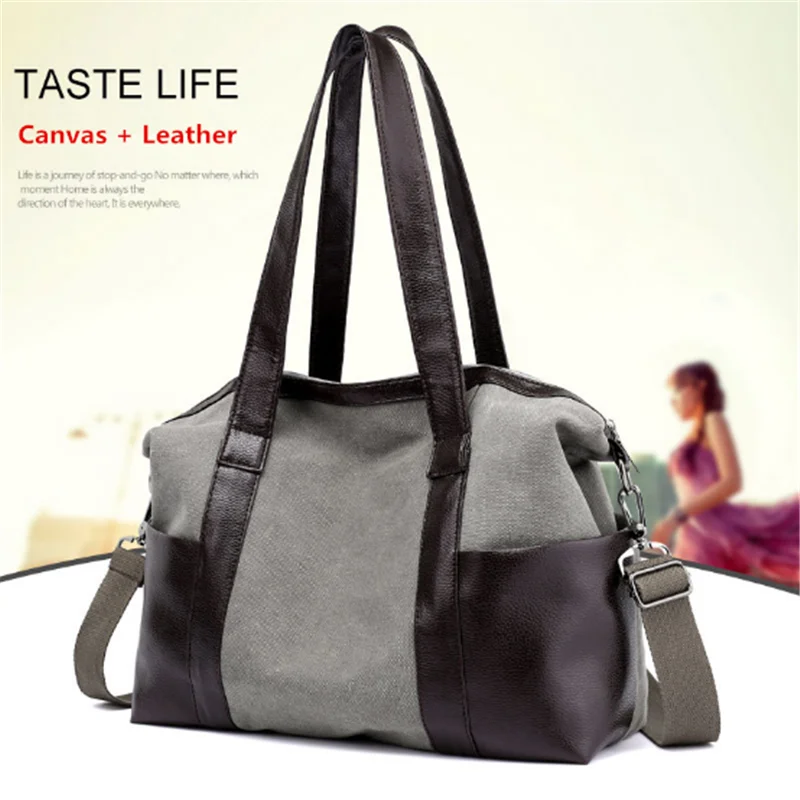 Женские сумки модная вместительная холщовая + Кожаная сумка-тоут женская сумка