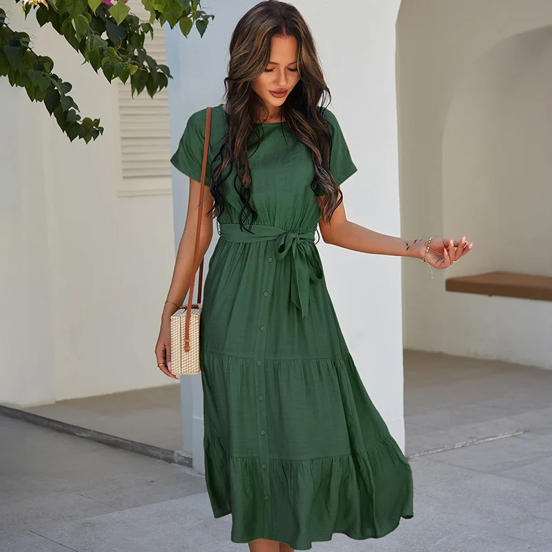 

ATUENDO Summer Fashion Long Dress for Women Vintage Solid Green Silk Women's Clothing Causal Bohemian Sexy Soft High Waist Robe
