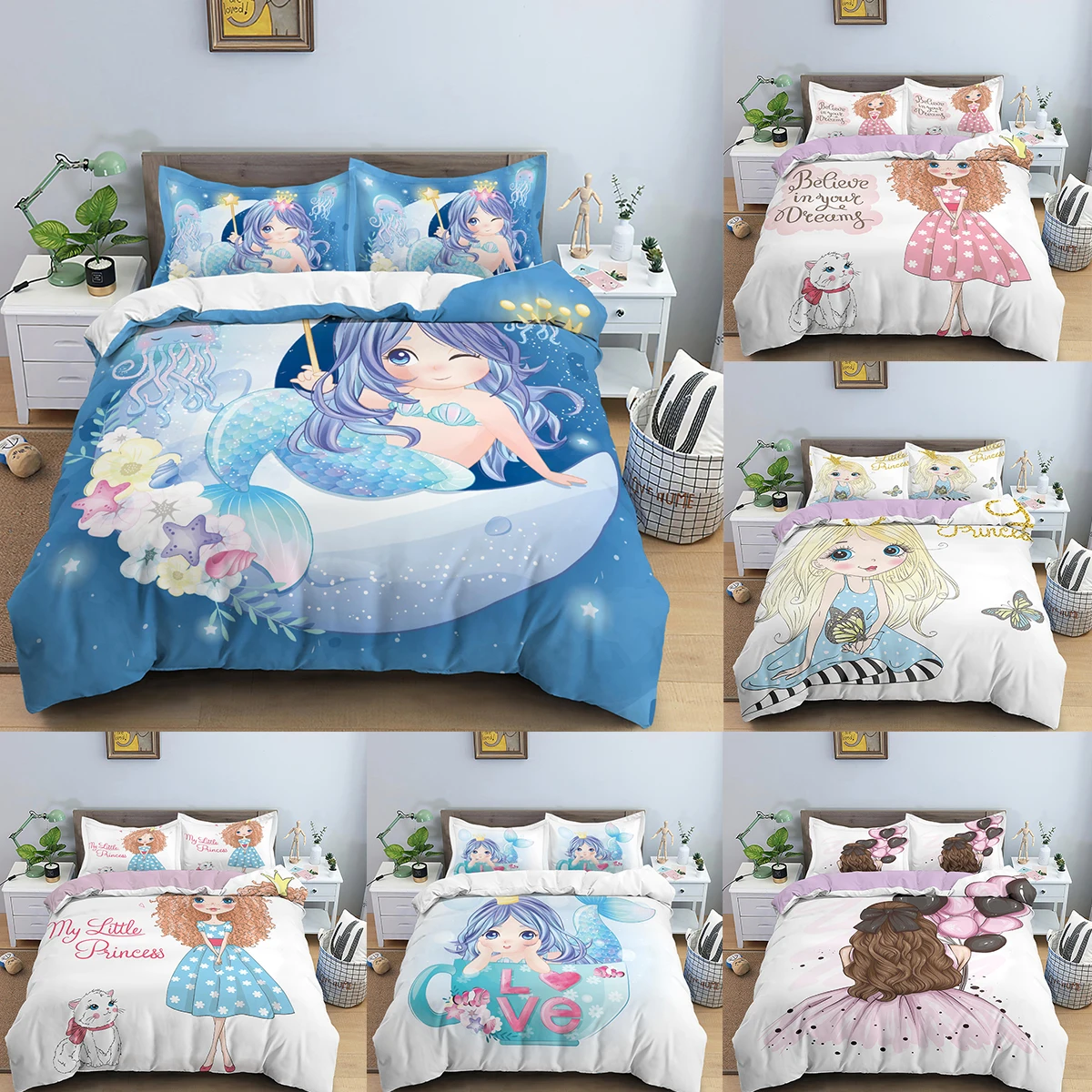 

Children Duvet Cover The Mermaid Princess Cartoon Girls Printed Bedding Set Queen Size Duvet Cover For Girl Cute Comfor Bed Set