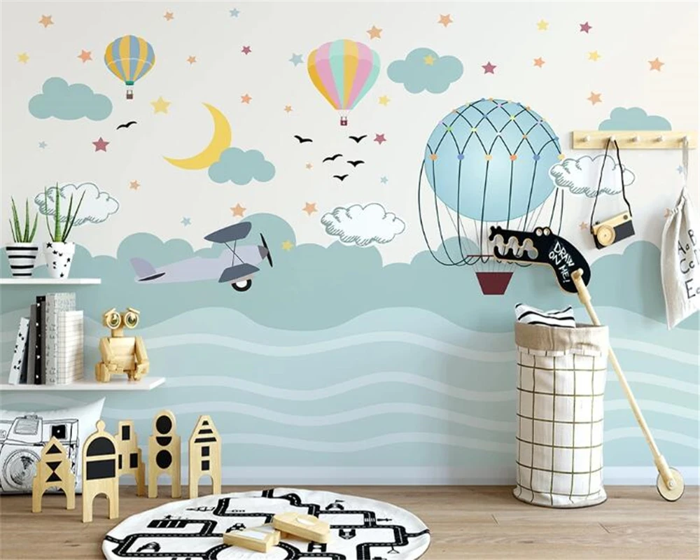 Custom wallpaper photo Nordic hand-painted cartoon hot air balloon starry sky children's room background wall mural 3d | Обустройство