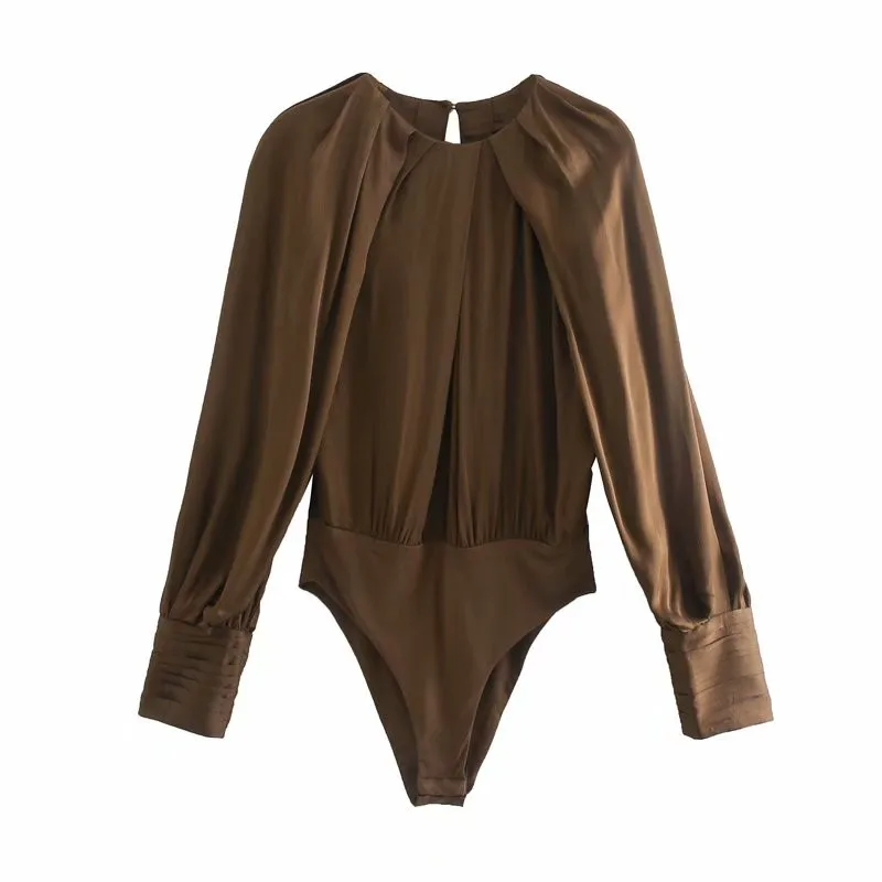 

Evfer Women Autumn Satin Feeling Za Brown Loose Bodysuits Female Fashion Long Sleeve Pleated Short Playsuit Ladies Casual Tops