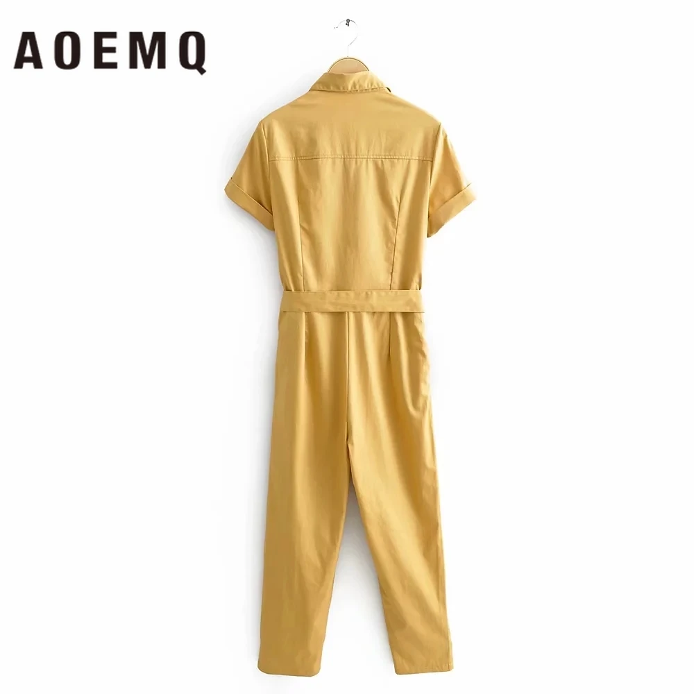 AOEMQ модные комбинезоны офисные женские с воротником стойкой ремнем и