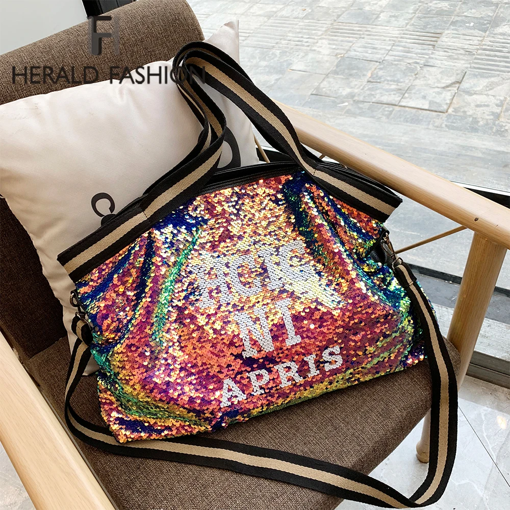 Модная большая женская сумка Herlad качественная кожаная блестящая через плечо с