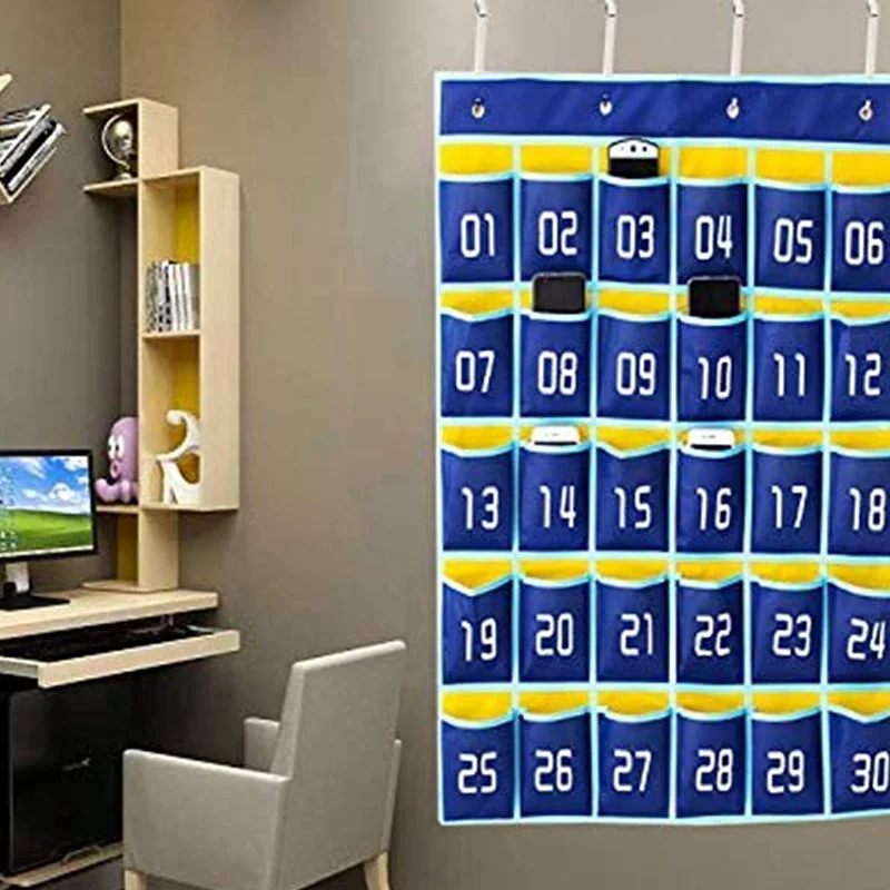 

Numbered Pocket Chart Classroom Organizer for Cell Phones Calculator Holders (30 Pockets, Blue Pockets)