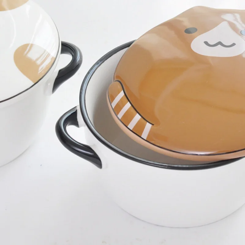 Ceramics Kawaii Cartoon Portable Containers Pattern Lunch Box With Cover Round Anti-slip Instant Noodles Bowl | Дом и сад