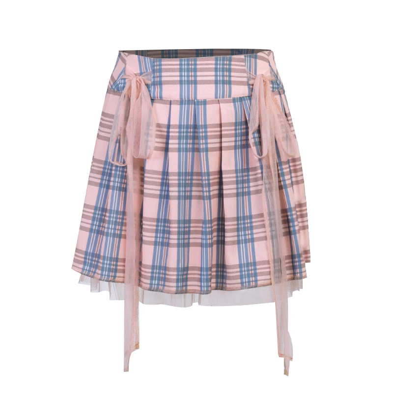 

InsDoit Gothic Plaid Pink Lace Up Mini Skirt Women Harajuku Sexy Pleated Skirt Fashion E Girl Aesthetic Summer High Waist Skirts
