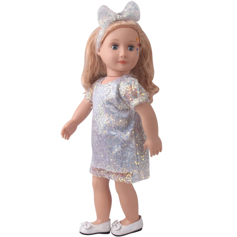

18 Inch Girls Doll Clothes Summer Silver Shiny Dress + Bow American Newborn Skirt Baby Toy accessories Fit 43 Cm Boy Dolls c942