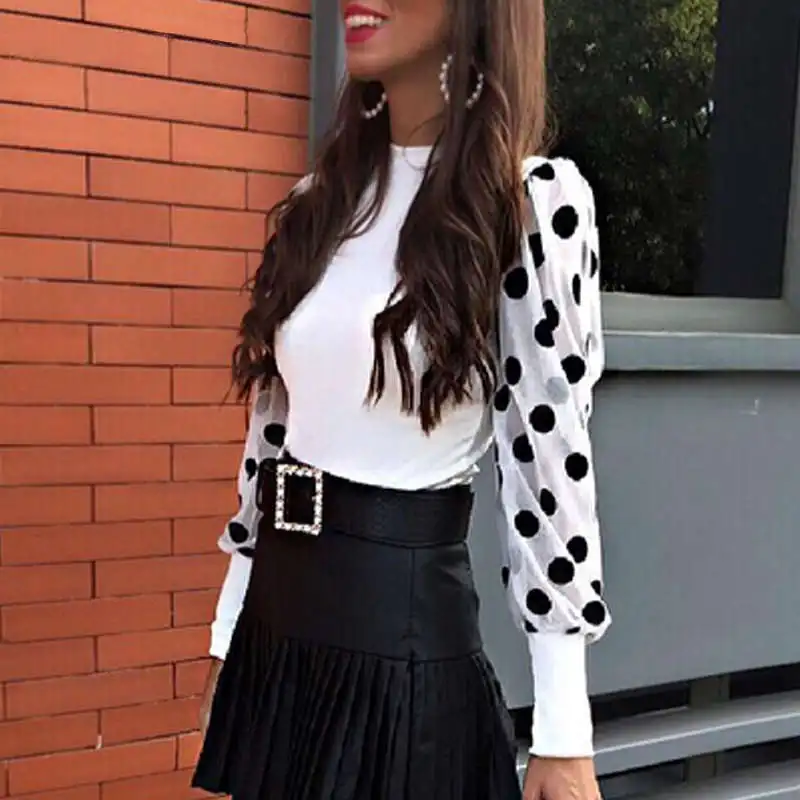 Блузка женская сетчатая в горошек с пышными рукавами|Блузки| |