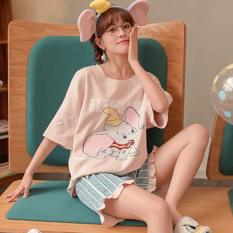 Kawaii Pajamas Set Japan Style Anime Dumbo Pyjama Cute Mujer Women Girls Sleepwear Cartoon Big Ear Elephant Homewear with Shorts