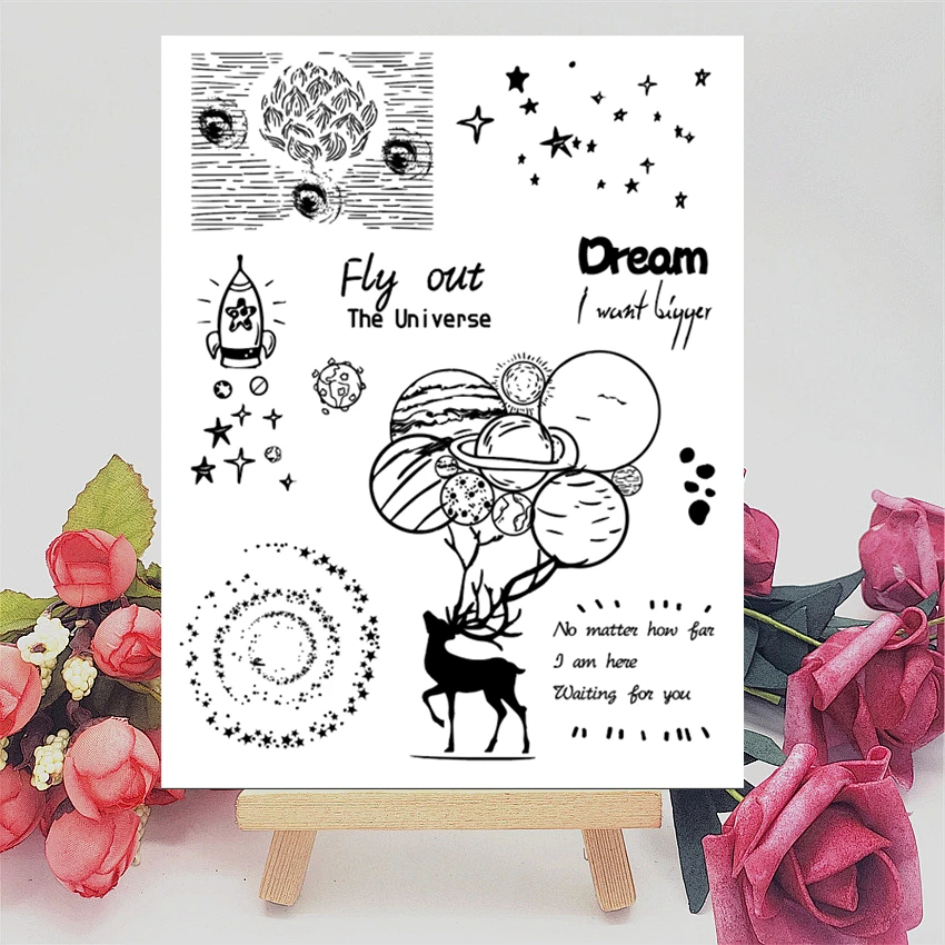 Прозрачные штампы 14x18 см силиконовые Планета с оленем роликовые сделай сам для