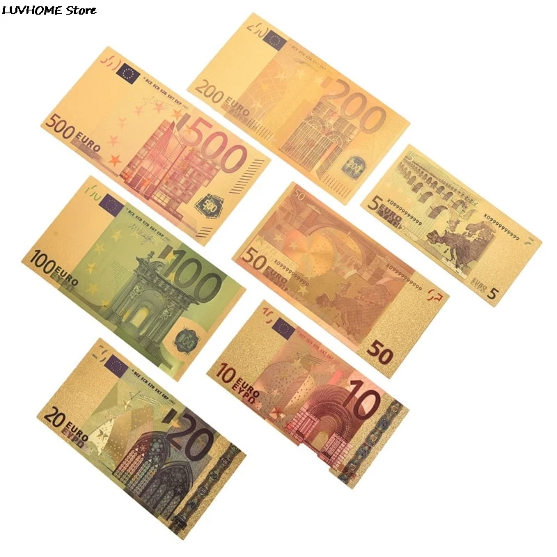 7pcs 5 10 20 50 100 200 500 EUR Gold Banknotes In 24K Gold Fake Paper Money For Collection Euro Banknote Sets Hot Sale
