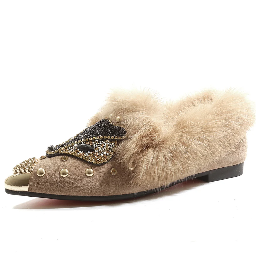

Hot Sale Womens Pointy Metal Toe Fur Rhinestones Crystal Fox Decor Warm Winter Loafers Slip On Flats Shoes 2Colors New 2021