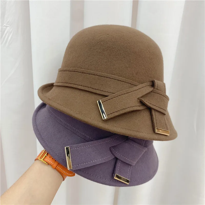 

Fall Winter Lady Korean Fashion Wool Fisherman Bucket Hat Elegant Bow Basin Hat For Women Quality Church Wedding Fedora Hat Bone