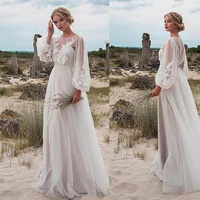 Affordable Boho Chic Princess Tulle Long Sleeves Lace Tulle Beach Wedding Dresses Gowns