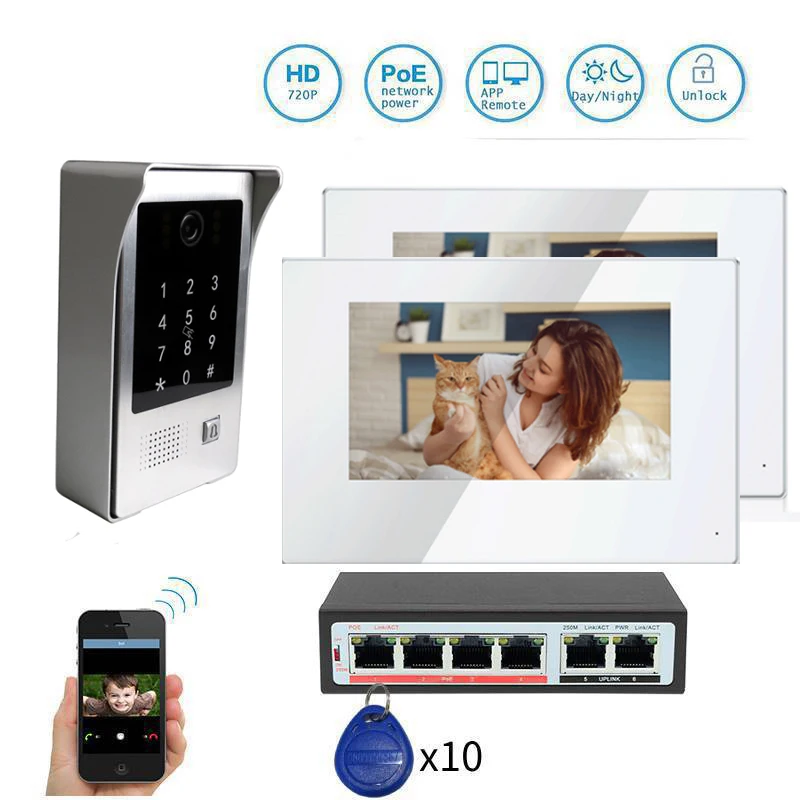 

720P AHD WIFI Video Intercom Door Phone Motion Detection Doorbell Code Keypad RFIC Camera APP Remote Unlock 2 x 7" Touch Screen