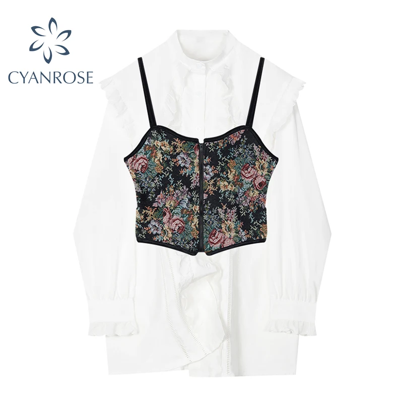 2021 Women's White Cardigan Blouses With Vintage Zipper Vest 2PCS Long Sleeve Peter Pan Collar Sweet Shirts Tops Female | Женская