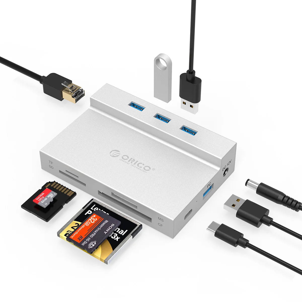 ORICO USB 3,0 концентратор к мульти USB3.0 RJ45 карты памяти SD/TF MS/CF Тип C разделительная карта считывания док-станция с Мощность адаптер для компьютера аксессуары