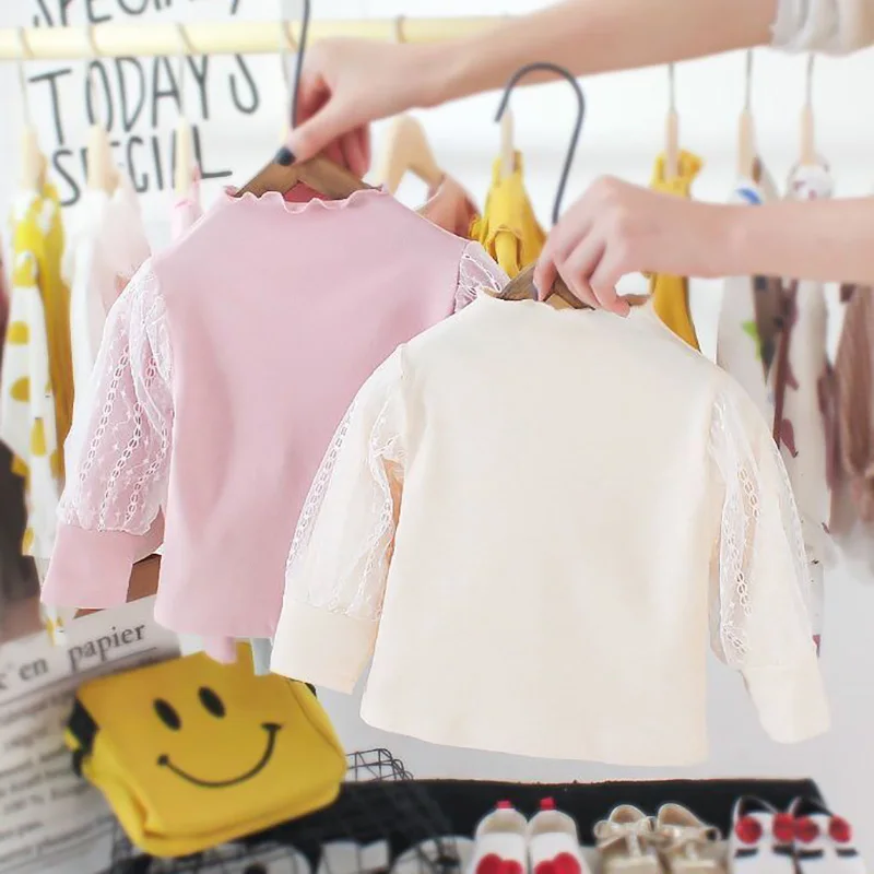 

Новинка 2021, демисезонная детская водолазка, модная детская одежда, кружевная Милая рубашка в стиле пэчворк для принцессы для девочек