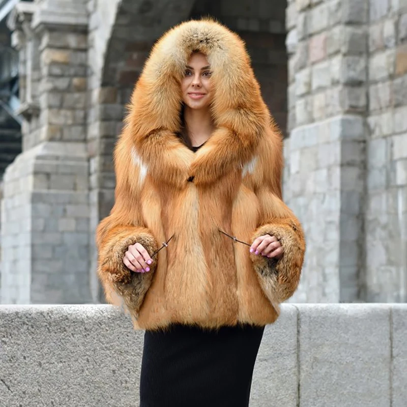 FURSARCAR 2021 New Women Real Natrual Fox Fur Jacket With Hood New Women Winter Thick Gold Fox Fur Coat Pull Pelt