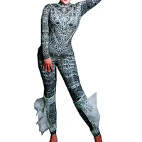 fashion white feather women print jumpsuits long sleeve bodycon elastic ds jazz dance bodysuit evening party birthday outfit