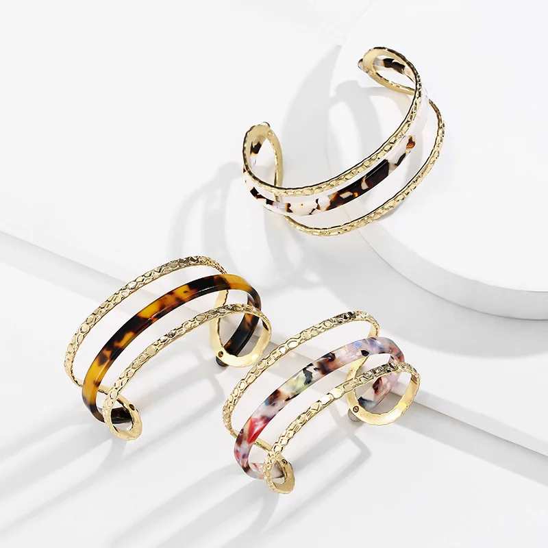 

Punk New Handmade Metal Acetate Sheet Round C Open Tortoiseshell Leopard Bracelet for Women