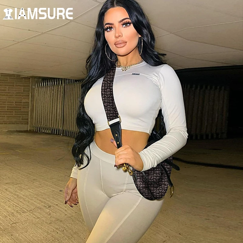 

IAMSURE Sexy Fashion Slim Basic Pants Set Women 2021 Spring Autumn Skinny Long Sleeve Crop Top High Waisted Trousers Streetwear