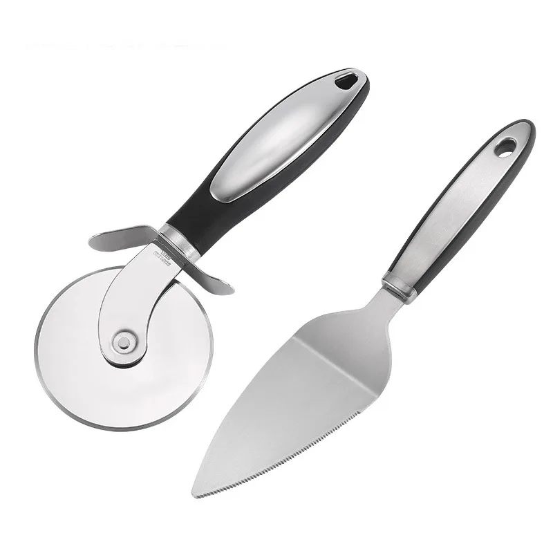 

Roller Stainless Steel Pizza Knife and Spatula Two-piece Set of Handles Round Single Round Cake Knife Pizza Spatula Kitchen Tool