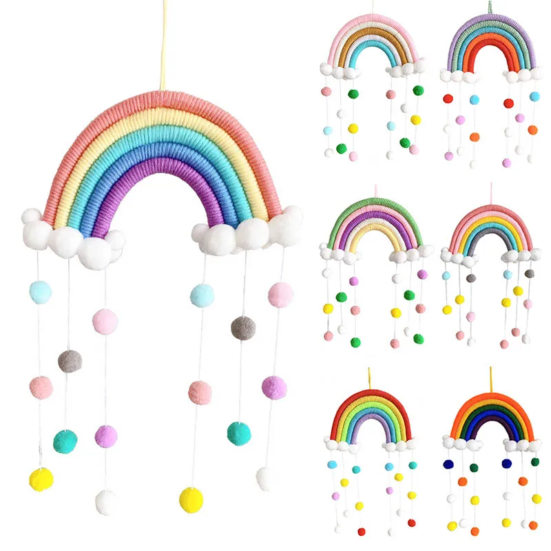 Colgante de cuerda de lana/algod&oacute;n tejido a mano de nube de arco&iacute;ris de estilo n&oacute;rdico, accesorios para fotos, Bola de fieltro multiusos, bricolaje-4