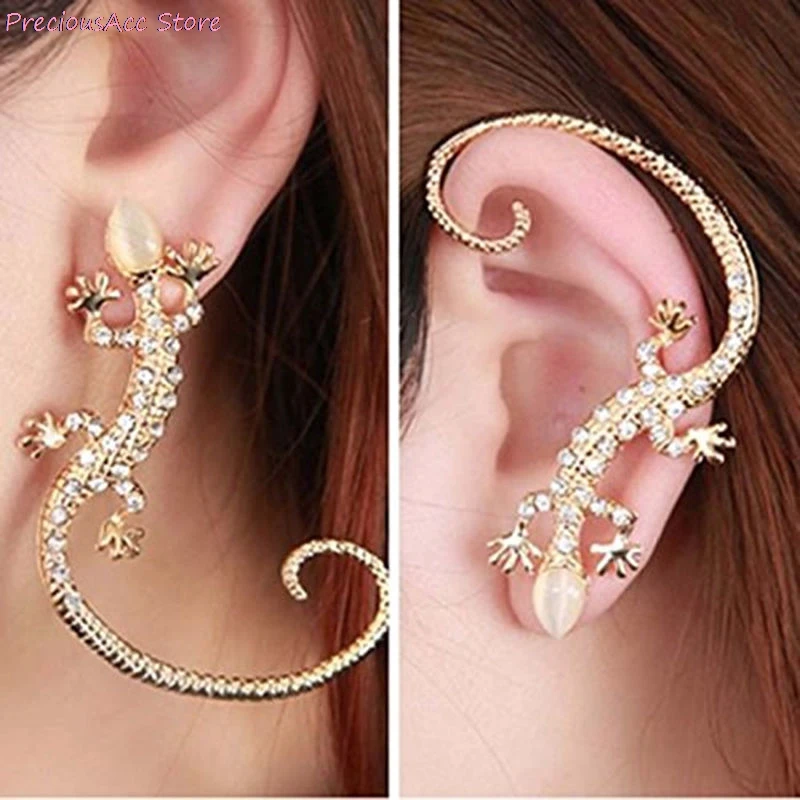 

2 Colors Fashion Gold Rhineston Ear Cuff Earrings luxury Elegant Gecko Lizards And Snake Exaggerated Ear Studs Women