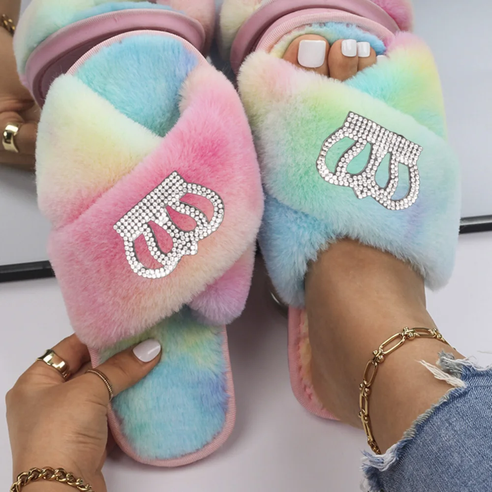 Women's Slippers Rhinestone Silver Crown Fluffy Faux Fur Slides Flat Sandals Custom Winter Slippers Flip Flops Designer Shoes