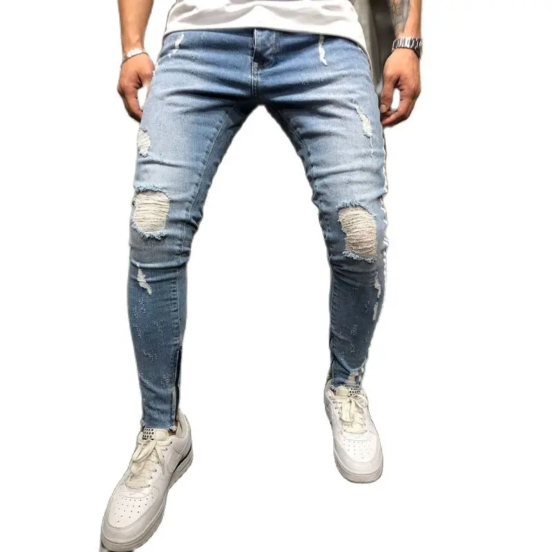 

New Style 2022 Fashion Striped Designer Hip Hop Streetwear Brand Man Knee Ripped Hole Men's Small Feet Cowboy Denim Jeans