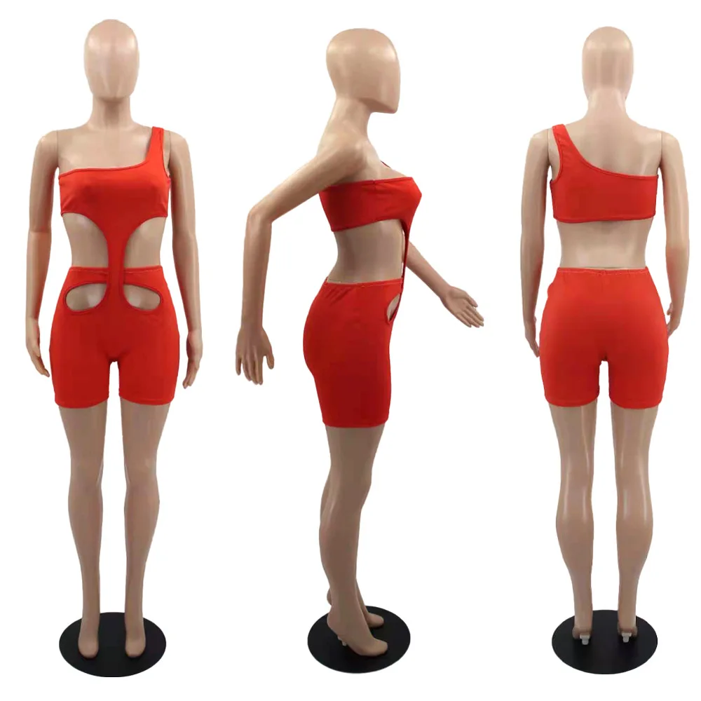 

2021 Summer Fashion Women Shorts Jumpsuits Solid Slash Neck Party Sleeveless Waist Hollow Out Bodycon Rompers New Arrival S-2XL