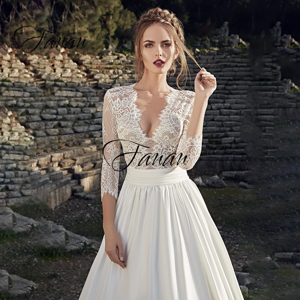 Sexy V-Neck Three Quarter Sleeve A-Line Wedding Dresses Lace Appliques See-Through Chiffon Prom Party Gown Свадебное платье