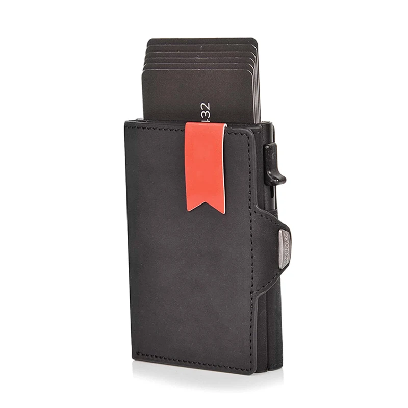 

Vintage Crazy Horse Leather Slim Wallets Luxury RFID Protection Mini Metal Wallet Zipper Coin Pocket for Men and Women