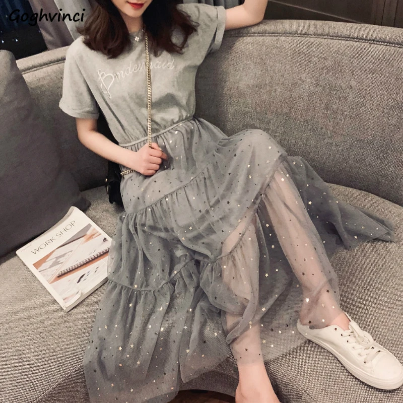 

Short Sleeve Party Dress Women O-neck Mesh Fake Two Piece Chic Sweet Elegant Womens Korean Style Printed Stylish Vestidos Trendy