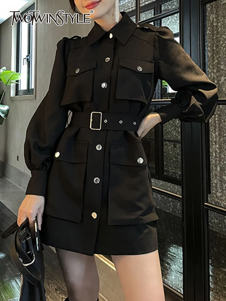 

TWOTWINSTYLE Streetwear Black Dress For Women Lapel Long Sleeve High Waist Solid Mini Dresses Female Korean Fashion Clothing New
