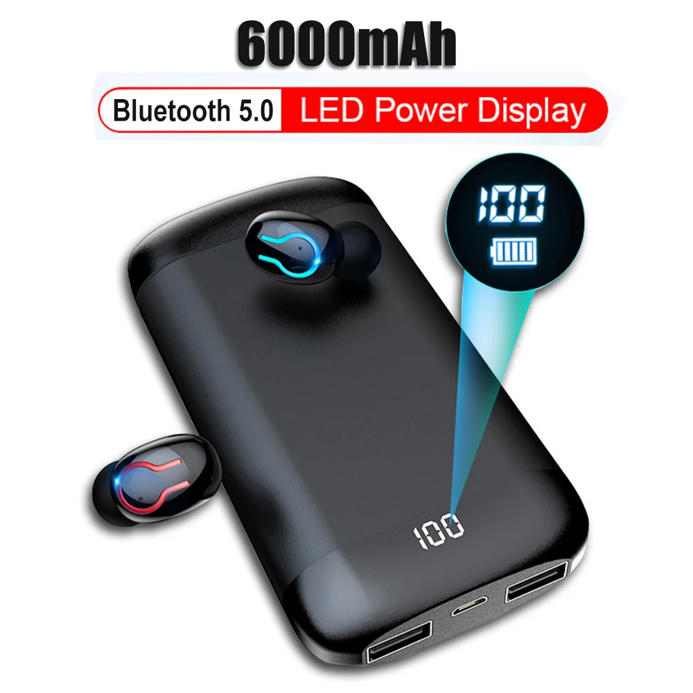 Q66 беспроводные 5,0 Bluetooth наушники, светодиодный стерео наушники, водонепроницаемая Спортивная гарнитура с HD микрофоном, 6000 мАч, зарядный чехол для xiaomi