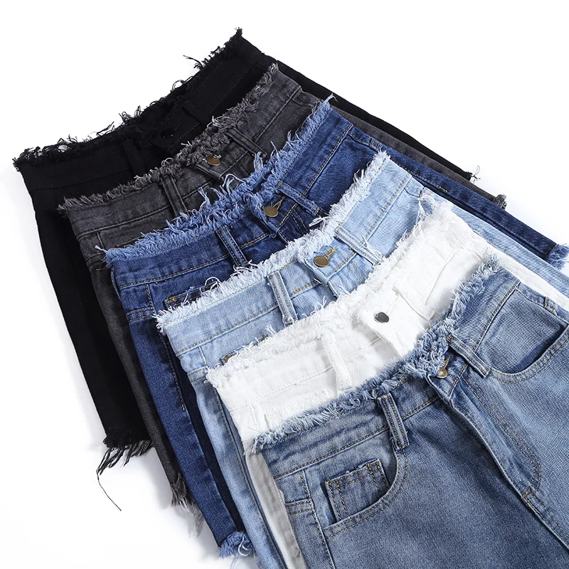 

New Spring Summer Women Vintage Tassel Blue Denim Shorts Casusl Female High Waist Wide Leg Black White Jeans Shorts