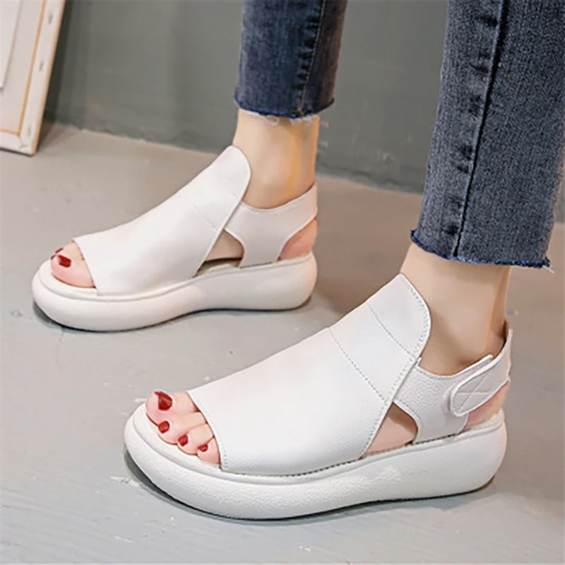 Женские босоножки Peep Toe крючки Loop танкетки на плоской подошве платформе из