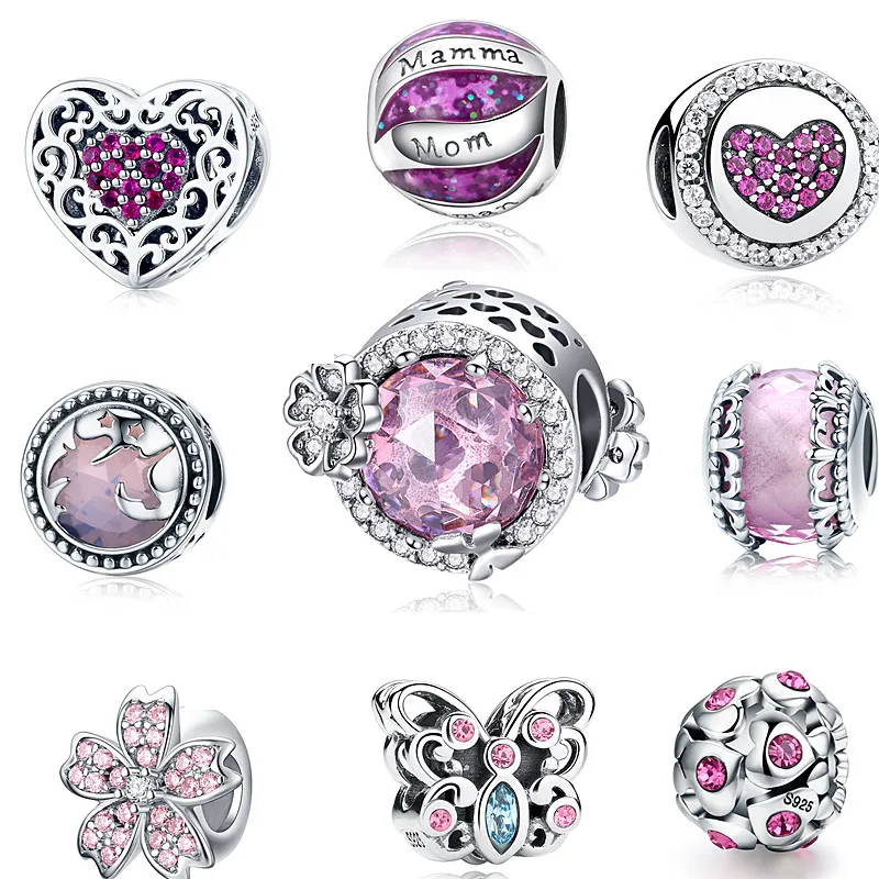 Розовая коллекция сердце цветок Круглый Шарм для женщин 100% Стерлинговое Серебро
