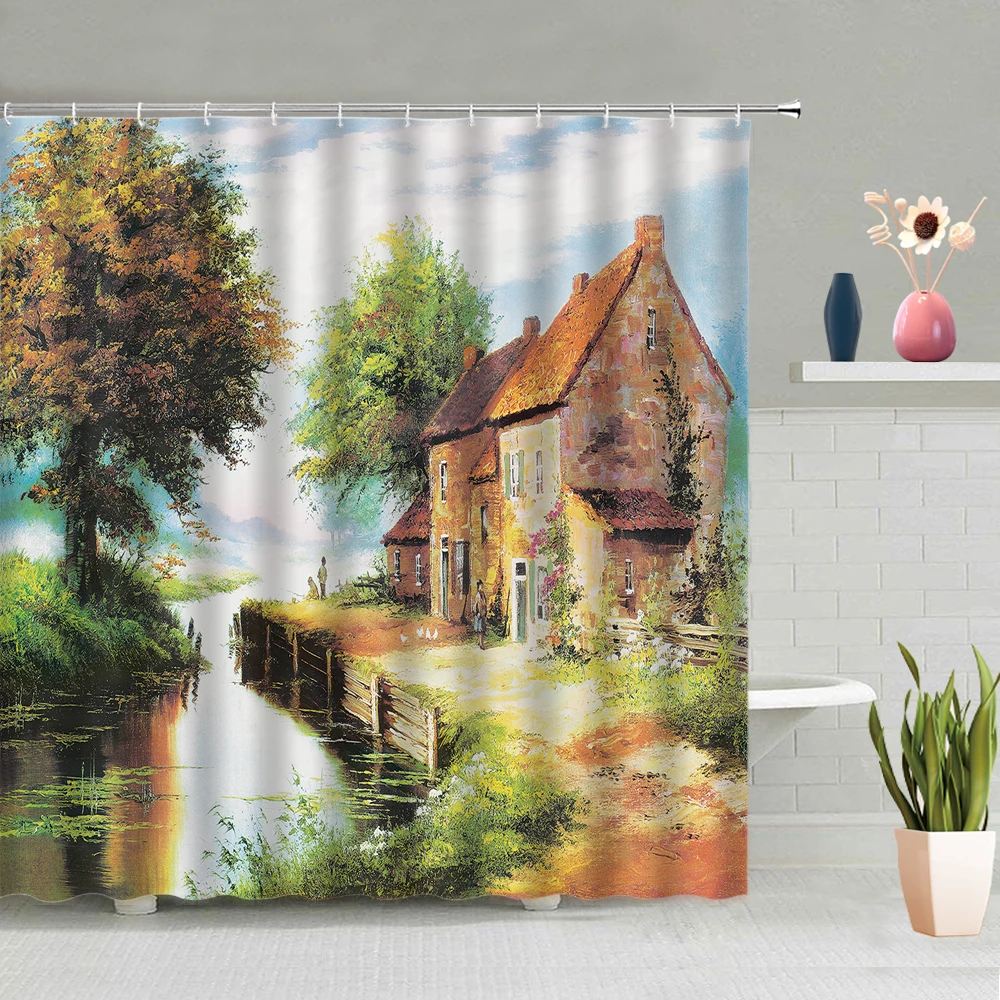 

Countryside Landscape Oil Painting Shower Curtain Trees Flowers Plants Mountain Cabin Boat Cat Living Room Bathroom Background