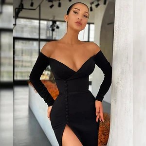 New Arrival High Quality Women Fashion Black Sexy Slash Neck Long Sleeves Slip Party Night Club Dress