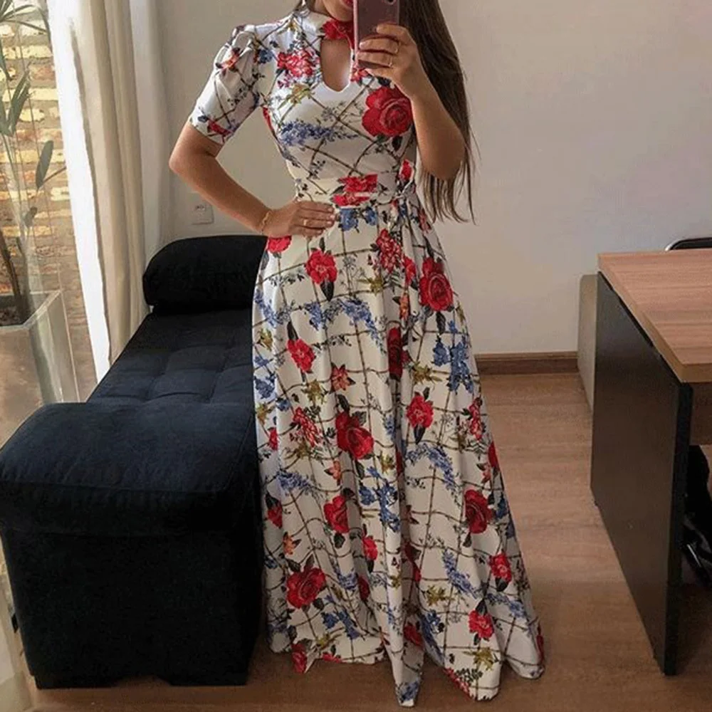 Летнее платье с цветочным принтом Для женщин макси 2020 элегантные Высокая Талия