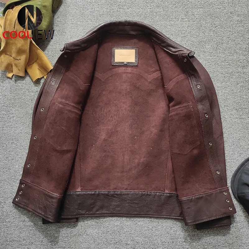 

2021 темно-коричневая куртка из натуральной кожи в стиле ретро, повседневное однобортное тонкое короткое пальто из натуральной овчины станда...
